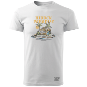 biała koszulka z nadrukiem hidden paradise