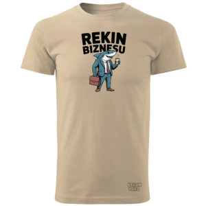 beżowa koszulka sportowa z nadrukiem rekin biznesu
