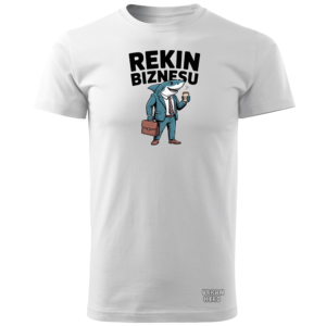 biała koszulka z nadrukiem rekin biznesu